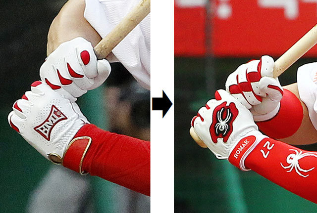 3월 30일부터 과거(왼쪽 사진)에 비해 배트를 약 1인치 짧게 잡고(오른쪽 사진) 타격하는 로맥. 이후 타격은 4할대로 눈에 띄게 정교해졌다. SK 제공