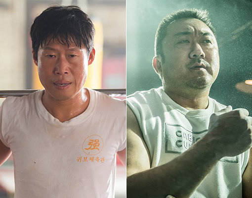 영화 ‘레슬러’에서의 유해진(왼쪽)-‘챔피언’에서의 마동석. 사진제공｜롯데엔터테인먼트·워너 브러더스 코리아