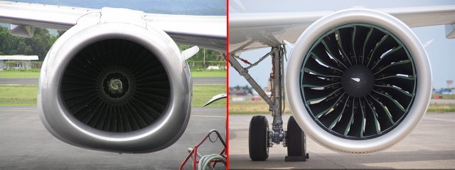 비슷한 체급의 중단거리 여객기인 보잉 B737-400(왼쪽)과 에어버스 A320의 엔진 형태 차이. 자료 : 위키피디아, 에어버스.