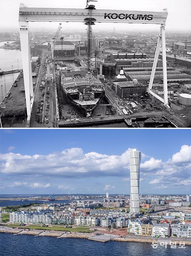 조선업의 쇠퇴로 파산 직전까지 몰렸던 스웨덴의 말뫼시는 대학의 연구 역량을 활용하는 전략을 통해 첨단 도시로 부활했다. 세계 최대 골리앗을 보유했던 조선소 자리(위쪽)에는 말뫼대와 54층의 ‘터닝 토르소’ 빌딩이 세워졌다. 동아일보DB