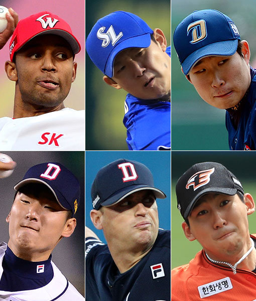 SK 산체스-삼성 김대우-NC 이재학-한화 김재영-두산 후랭코프-곽빈(왼쪽 상단부터 시계방향으로). 사진｜스포츠동아DB·스포츠코리아