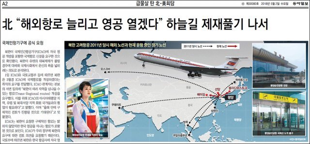 북한이 ICAO에 영공 개방과 국제항로 신설을 요청했다는 동아일보 2018년 5월 2일자 단독 보도.