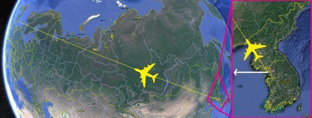 남북 직항로가 신설되면 유럽과 미국 동부로 가는 비행기의 최단 경로(노란색)와 현재 항공로(흰색). 직항로가 개설되면 양대륙으로 가는 장거리 항로가 상당히 단축될 전망입니다.