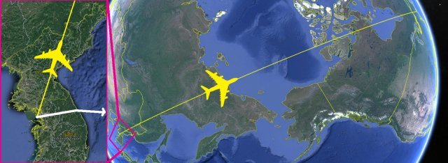 남북 직항로가 신설되면 유럽과 미국 동부로 가는 비행기의 최단 경로(노란색)와 현재 항공로(흰색). 직항로가 개설되면 양대륙으로 가는 장거리 항로가 상당히 단축될 전망입니다.