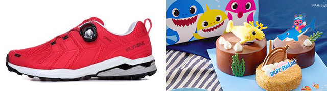 고어텍스 기술이 적용된 아웃도어 트레킹화(왼쪽 사진)와 파리바게뜨의 ‘상어가족’ 케이크. 각 업체 제공
