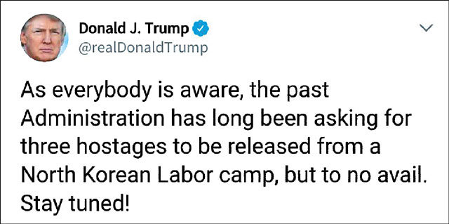 도널드 트럼프 미국 대통령이 2일(현지 시간) 자신의 트위터에 북한에 억류 중인 한국계 미국인 3명의 석방 가능성을 시사하는 글을 올렸다. 트럼프 트위터 캡처