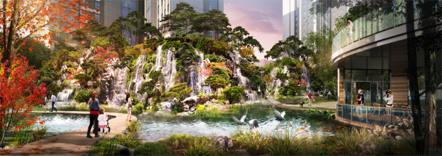 센트로얄자이 단지 내 왕의 병풍인 일월오봉도를 모티브로 한 인공 폭포.