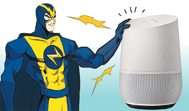 구글과 신세계그룹이 손잡고 인공지능 스피커 구글홈을 신세계그룹의 일렉트로마트를 통해 단독으로 판매하는 방안을 추진하고 있다. 그래픽은 일렉트로마트의 캐릭터 일렉트로맨과 구글홈. 각 사 제공