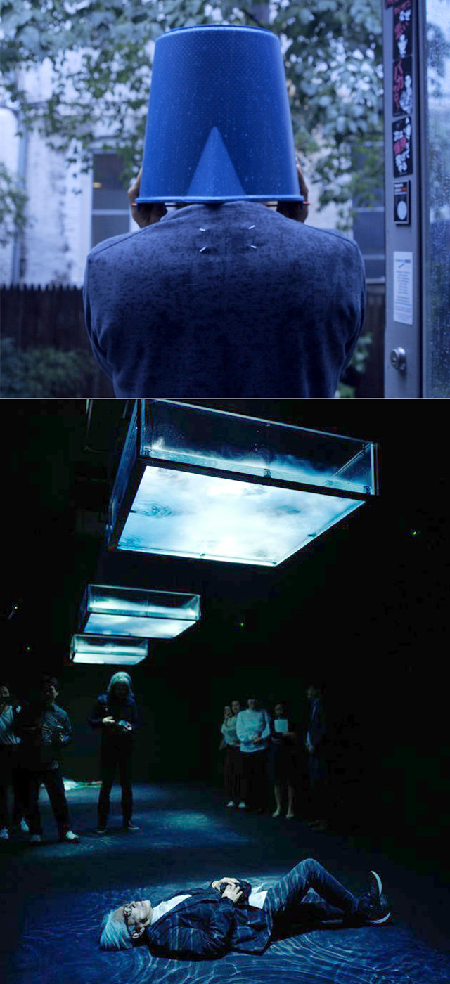 영화 ‘코다’에서 양동이를 쓴 채 빗소리를 들은 사카모토(위 사진)가 서울 전시 작품 ‘LIFE―fluid, invisible, inaudible…’ 아래에 누웠다. 천장에 매달린 수조로 물과 소리가 떨어져 내린다. 씨네룩스·글린트 제공