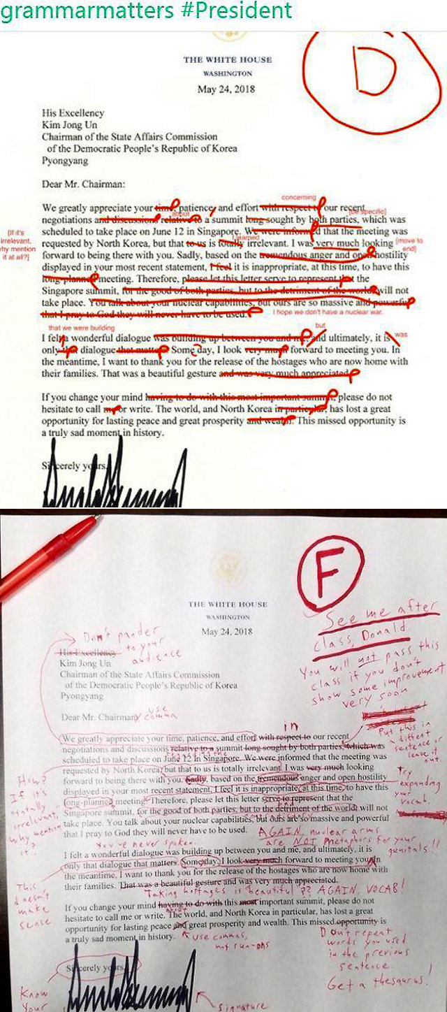 “문법은 F” 빨간줄 쫙쫙 그어진 트럼프 편지