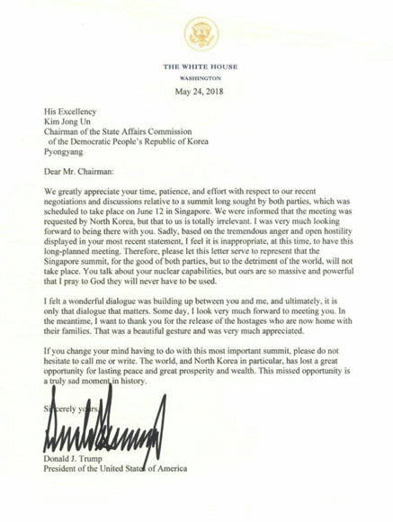 백악관이 24일(현지 시간) 도널드 트럼프 미국 대통령이 김정은 북한 국무위원장에게 보낸 서한. 백악관 제공