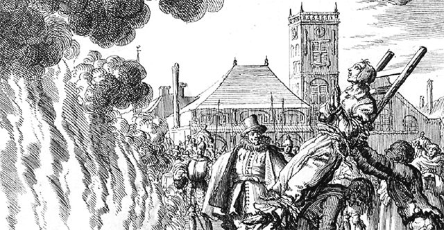 안네킨 헨드릭스라는 여성이 1571년 네덜란드에서 열린 종교 재판에서 마녀로 몰려 화형당하기 직전 모습을 그린 화가 요하네스 얀 루켄의 그림. 중세 유럽에서 마녀 재판을 당해 살해된 사람이 무려 10만 명에 이른다는 연구도 있다. 바다출판사 제공