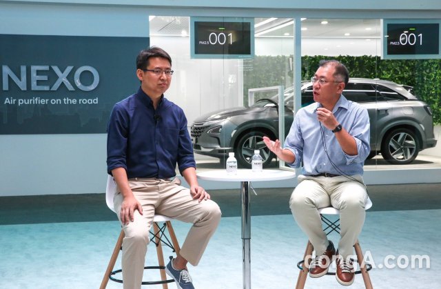 13일(현지 시간) CES 아시아 2018에서 현대자동차와 딥글린트간의 기술 협력 파트너십에 대해 발표 중인 정의선 현대자동차 부회장 (사진 우측)과 자오용 딥글린트 CEO .