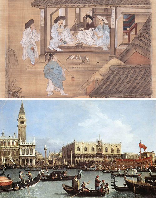 18세기 조선의 술집 풍경을 담은 김홍도(1745∼?)의 ‘기방쟁웅’(위)과 같은 시기 이탈리아 화가 안토니오 카날레토(1697∼1768)가 베네치아의 모습을 그린 ‘산마르코 광장’. 문학동네 제공