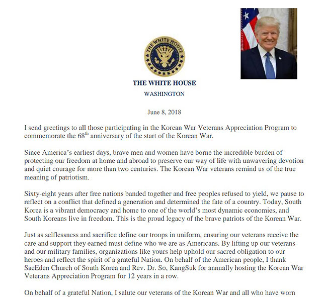 도널드 트럼프 미국 대통령이 한국전 참전용사 초청 행사에 맞춰 보낸 편지. 새에덴교회 제공