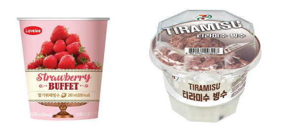 GS25의 ‘유어스딸기뷔페빙수’(왼쪽 사진)와 세븐일레븐의 ‘티라미수빙수’. 각 사 제공