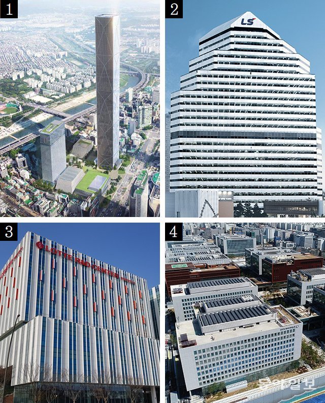 최근 들어 사옥을 옮기는 국내 대기업이 많다. 관련 계열사나 연구개발(R&D) 인력을 모아 시너지 효과를 높이거나 비용 
절감을 하기 위해서다. [1] 현대자동차그룹 글로벌비즈니스센터(GBC) 조감도 [2] LS용산타워 [3] 롯데R&D센터 [4]
LG사이언스파크 동아일보DB