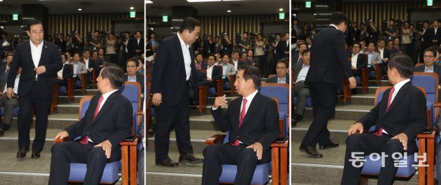 자유한국당 김성태 원내대표 겸 대표 권한대행이 21일 의원총회에서 박성중  의원이 발언을 신청하자 이를 제지했다. 박 의원은 자리로 돌아갔다가 나중에 발언권을 얻어 나왔다. 김동주 기자  zoo@donga.com