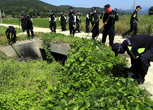 16일 전남 강진군에 아르바이트를 하러 간 여고생이 실종된 가운데 수색작업에 투입된 경찰이 강진군 도암면의 한 농수로 근처를 확인하고 있다. 이 근처에서 실종된 여고생의 휴대전화 신호가 마지막으로 포착됐다. 사진=박영철 기자 skyblue@donga.com