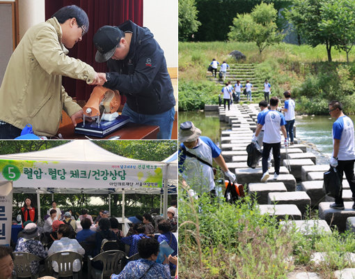 이대목동병원의 구급대원 전문화 교육, 서울여성병원의 맞춤형 건강상담, 유사나코리아의 환경정화 봉사활동(왼쪽 상단부터 반시계 방향으로). 병원·제약회사의 사회공헌활동이 주목받고 있다. 사진제공｜이대목동병원·서울여성병원·유사나코리아