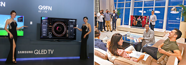 삼성전자가 동남아와 중동 등 신흥시장에서 프리미엄 TV 매출을 끌어올리는 데 공을 들이고 있다. 왼쪽 사진은 지난달 베트남 호찌민에서 열린 QLED TV 출시 행사에서 모델들이 QLED TV를 소개하는 모습. 오른쪽 사진은 지난달 아랍에미리트 두바이 고급 호텔 펜트하우스에서 열린 QLED TV 출시 행사장 풍경. 삼성전자 제공