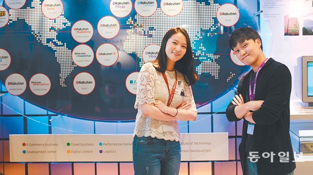 18일 오전 일본 도쿄 라쿠텐 본사에서 만난 하은영 씨와 홍용빈 씨(오른쪽)는 각각 지난해 10월, 올해 5월에 입사했다. 두 사람은 “일을 하다 보면 국적의 장벽은 느낄 수 없다. 워라밸(일과 생활의 균형)과 체계적인 교육 시스템이 일본 기업의 장점”이라고 말했다. 도쿄=이은택 기자 nabi@donga.com