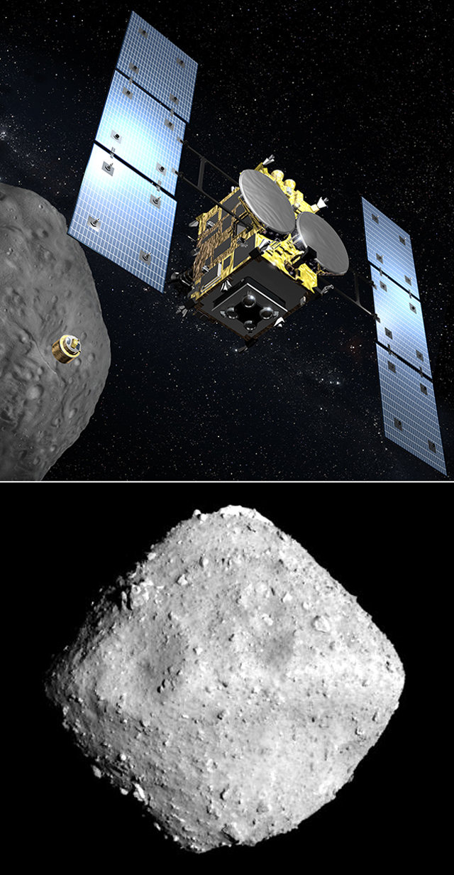 일본항공우주개발기구의 소행성 탐사선 ‘하야부사-2’의 상상도. 2014년 12월 발사된 하야부사-2는 27일 소행성 ‘류구’ 상공 20km 지점에 도착했다. 암석 시료를 채취한 뒤 2020년 지구로 귀환한다. 아래 사진은 일본의 소행성 탐사선 ‘하야부사-2’가 26일 망원광학항법카메라(ONC-T)로 소행성 ‘류구’를 20∼30km 거리에서 촬영한 모습이다. 일본항공우주개발기구 제공
