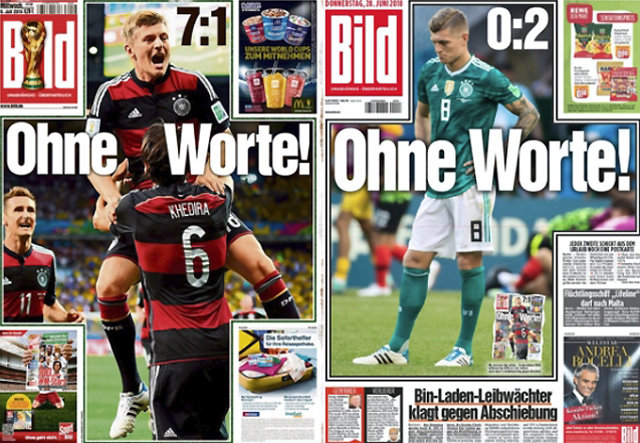 독일 ‘빌트’의 1면 사진. 빌트는 4년 전 브라질전 7-1 승리 때와 똑같이 ‘말이 안 나오네!’로 제목을 달았다.