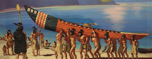 미국 태평양 연안 샌타바버라 해협에서 서기 400년 무렵부터 사용됐을 것으로 추정되는 토몰(나무판자로 만든 카누)은 원주민의 교역로를 넓혀줬을 뿐 아니라 참다랑어, 방어 같은 원양어종 서식지로의 진출도 가능하게 했다. 토몰을 연안으로 나르는 추마시족 원주민들. 윌리엄 랭던 킨의 1948년 석판화. 을유문화사 제공