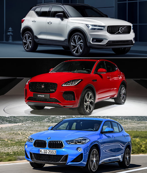 볼보 XC40, 재규어 E-PACE, BMW X2(위쪽부터) 등 소형 SUV 왕좌를 노리는 쟁쟁한 신차들이 속속 출시되고 있다. E-PACE는 스포츠카를 닮은 역동적 디자인, XC40은 첨단 반자율주행 기능, X2는 M스포츠패키지를 바탕으로 하는 역동적인 주행 성능이 강점이다. 사진제공｜볼보·재규어·BMW