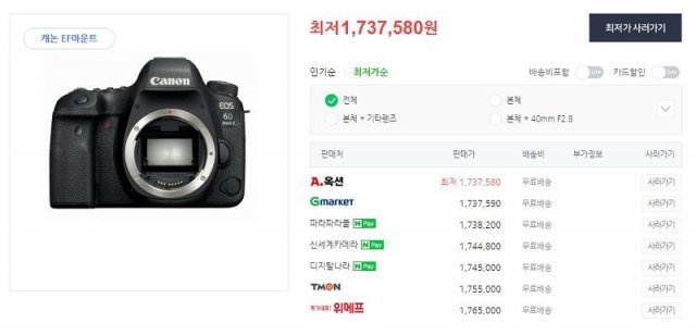 EOS 6D M2의 온라인 최저가. 실제 판매 가격과는 차이가 있다.(출처=IT동아)