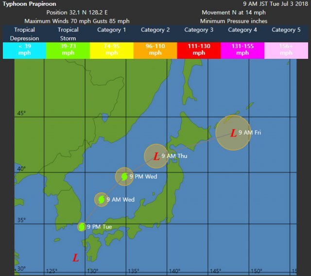 태풍 위치, 3일밤 부산 최근접…JTWC, 태풍 아랫 등급 ‘열대폭풍’으로 격하/美 기후정보 웹사이트 ‘웨더 언더그라운드’ 캡처.