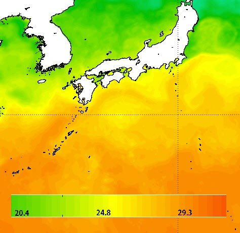 동아시아 주변 북태평양 해수면 온도. 한반도 주변 해수면 온도는 25도 미만으로 태풍 쁘라삐룬은 북상하면서 점차 세력이 약해진다. 자료 : NOAA