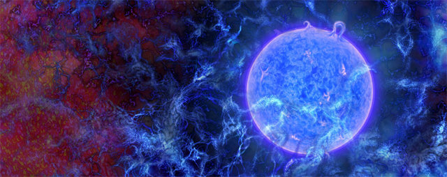 미국 애리조나대와 매사추세츠공대(MIT) 연구팀이 올해 2월 말, 우주 탄생 1억8000만 년 뒤 처음 생겨난 별의 모습(둥근 부분)을 그림으로 나타냈다. 주변의 실 모양은 가스로, 별이 내뿜는 자외선에 희미하게 빛나고 있다. 별 탄생 과정에는 미지의 중력원인 ‘암흑물질’이 개입한 것으로 추정된다. 연구팀은 암흑물질이 당시 우주를 빅뱅의 뜨거운 상태에서 빠르게 식혔다고 밝혔다. 미국과학재단(NSF) 제공
