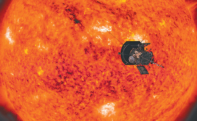 다음 달 발사될 예정인 미국항공우주국(NASA)의 태양 탐사선 ‘파커 솔라 프로브’의 상상도. 역대 가장 가까운 거리인 약 620만 km 지점까지 접근해 태양 코로나(태양풍)를 집중 관측한다. 미국항공우주국 제공