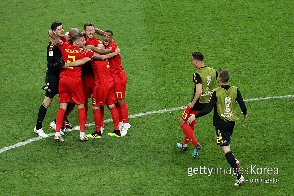 2018러시아월드컵 준결승전에 진출하게 된 벨기에 축구대표팀이 기뻐하고 있다. 벨기에는 11일 오전 3시(한국시간) 프랑스와 결승행 티켓을 다툰다. 사진=게티이미지코리아