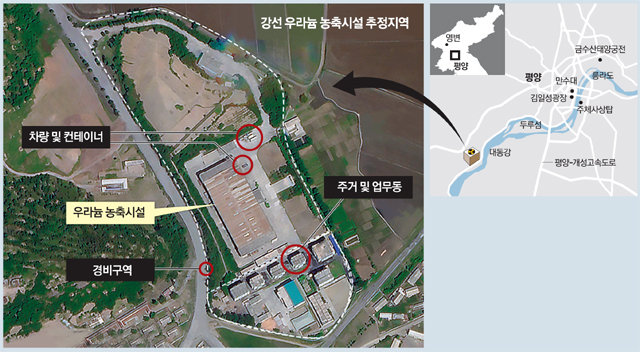 북한의 새로운 비밀 우라늄농축시설로 알려진 강선 단지의 위성사진이 공개됐다. 이 단지는 남포시에 위치해 있지만 평양시 만경대구역에서 차로 불과 10분 정도 거리에 떨어져 있다. 원심분리기가 있을 것으로 추정되는 대형 건물은 길이 50m, 폭 110m 정도다. 출처 디플로맷
