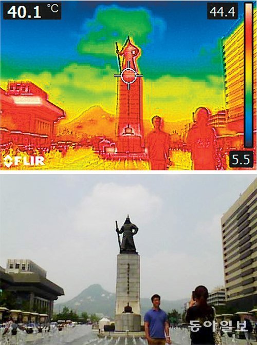 열화상 카메라로 포착한 찜통 광화문 전국이 가마솥처럼 펄펄 끓은 18일 서울 광화문광장의 풍경(아래 
사진)을 특수 열화상 카메라에 담았다. 위 사진에서 빨간색이 뜨거운 곳이고 파란색이 차가운 곳이다. 분수대를 제외하고 사람과 
이순신 동상, 주변 건물이 온통 빨간색이다. 오른편을 보면 위에 44.4, 아래에 5.5라는 숫자가 보인다. 사진 속 가장 뜨거운
 곳은 44.4도, 가장 차가운 곳은 5.5도란 뜻이다. 왼편 40.1도는 사진 정중앙의 온도다. 이날 서울은 낮 최고기온이 
35.5도로 올 들어 가장 높았다. 박영대 sannae@donga.com·양회성 기자