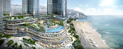 해운대 엘시티 저층부 포디움 조감도. 바다를 향해 열린 4계절 온천 워터파크, 테라스 카페, 공원 등이 눈길을 끈다. ‘엘시티 더 레지던스’는 3개 타워 중 가장 높은 101층 랜드마크타워에 들어선다.