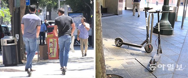 21일 미국 캘리포니아주 새너제이 시내에서 두 남성이 공유 전기스쿠터를 타고 횡단보도를 건너고 있다(왼쪽 사진). 오른쪽 사진은 
인도에 세워져 있는 공유 전기스쿠터. 최근 실리콘밸리에선 공유 전기스쿠터가 급증하면서 거리에 방치되고 버려지는 스쿠터도 늘어나고 
있다. 실리콘밸리=황규락 기자 rocku@donga.com