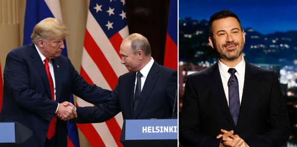 토크쇼 진행자 지미 키멀(오른쪽 사진)은 러시아 블라디미르 푸틴 대통령(왼쪽 사진의 오른쪽)이 도널드 트럼프 미국 대통령의 영원한 ‘절친’이라는 의미의 신조어 ‘KGBFF’를 선보여 화제가 됐다. 사진 출처 뉴욕포스트 홈페이지