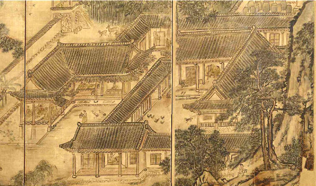 단원 김홍도의 그림 ‘삼공불환도’ 가운데 가옥 부분. 문화재청 제공