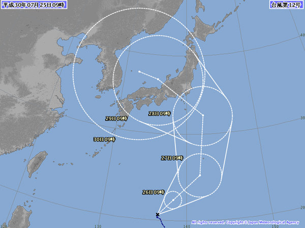 태풍 종다리, 폭염 식혀줄 착한 태풍 가능?…韓 “No” vs 美·日 “Yes”/일본 기상청의 태풍 종다리 진로 예상. 25일 오전 9시 발표 자료.