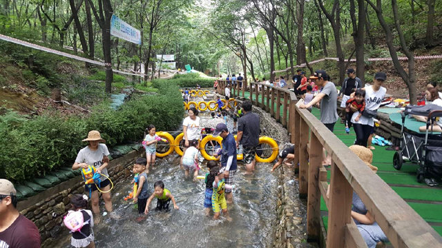 인천 부평구 장수산 계곡의 산책로에 조성된 물놀이장에서 어린이들이 즐겁게 물놀이를 하고 있다. 이 물놀이장은 다음 달 17일까지 운영된다. 부평구 제공