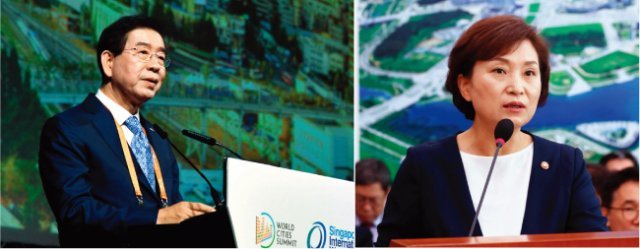 7월 9일 박원순 서울시장이 싱가포르 마리나베이샌즈호텔에서 열린 세계시장포럼에서 리콴유 세계도시상 대상도시로서 정책을 발표하는 모습. 7월 23일 김현미 국토교통부 장관은 여의도 국회 본청에서 열린 전체 회의에서 박원순 시장의 ‘여의도 통개발’ 발언에 난색을 표했다. [서울시, 뉴시스]