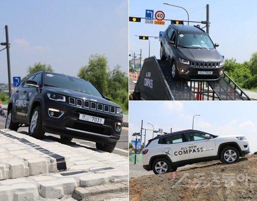 지프 올 뉴 컴패스는 경쟁 차종들이 갖추지 못한 압도적인 오프로드 능력을 앞세워 콤팩트 SUV 세그먼트의 새로운 강자로 자리매김하고 있다. 사진은 올 뉴 컴패스가 다양한 종류의 오프로드 인공 장애물 코스를 통과하고 있는 모습. 원성열 기자 sereno@donga.com