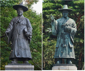 남산 시립도서관 앞에 있는 ‘다산 정약용’ 동상(왼쪽) 서울 절두산 성당에 있는 ‘김대건 神父’ 동상
