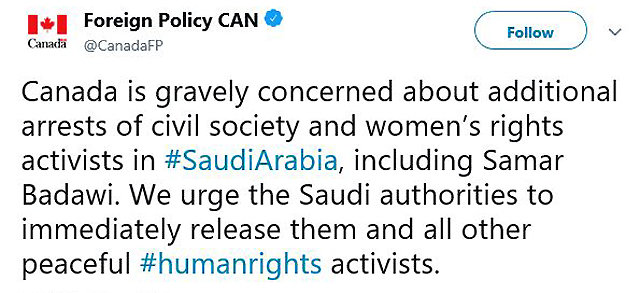 캐나다 외교부는 3일 트위터를 통하여 사우디아라비아에서 시민사회 및 여성 인권 운동가들이 체포된 것에 대해 심각한 우려를 표시하면서 사우디 정부 당국에 체포된 이들의 즉각적인 석방을 촉구했다. 캐나다 외교부 트위터