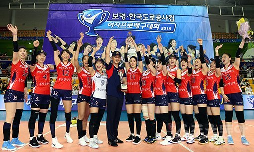 12일 충남 보령종합체육관에서 ‘보령-한국도로공사컵 여자프로배구대회 2018‘이 열렸다. KGC 인삼공사와 GS칼텍스의 결승전 경기에서 KGC인삼공사가 우승을 차지한 뒤 선수들이 코트에서 기념촬영을 하고 있다. 보령 | 김민성 기자 marineboy@donga.com