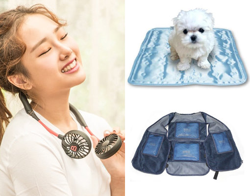 일명 ‘넥풍기’라 불리는 목 선풍기와 반려동물용 쿨매트, 아이스팩 얼음조끼(왼쪽부터 시계 방향으로). 사진제공｜11번가·G마켓